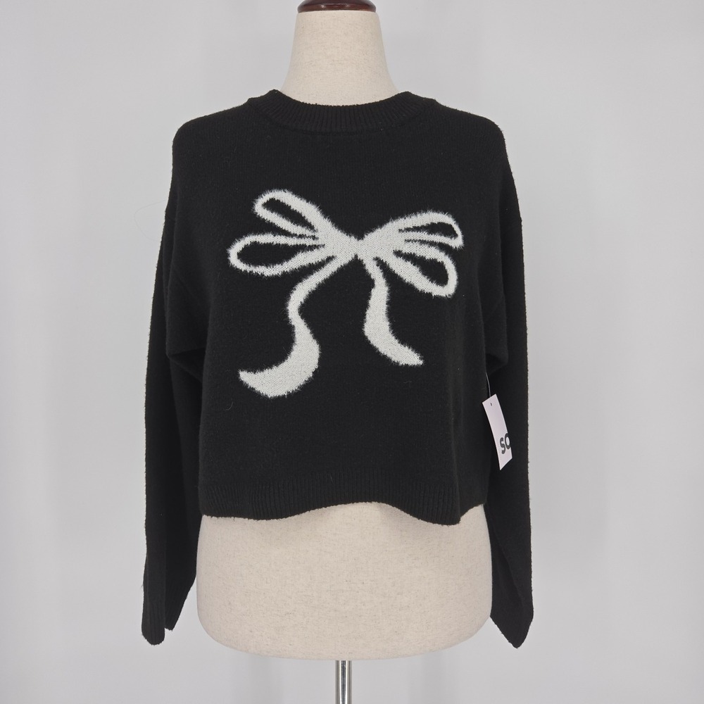 SO Black Bow‎ Sweater Womens Medium Knit Long Sleeve Pullover Soft Cozy